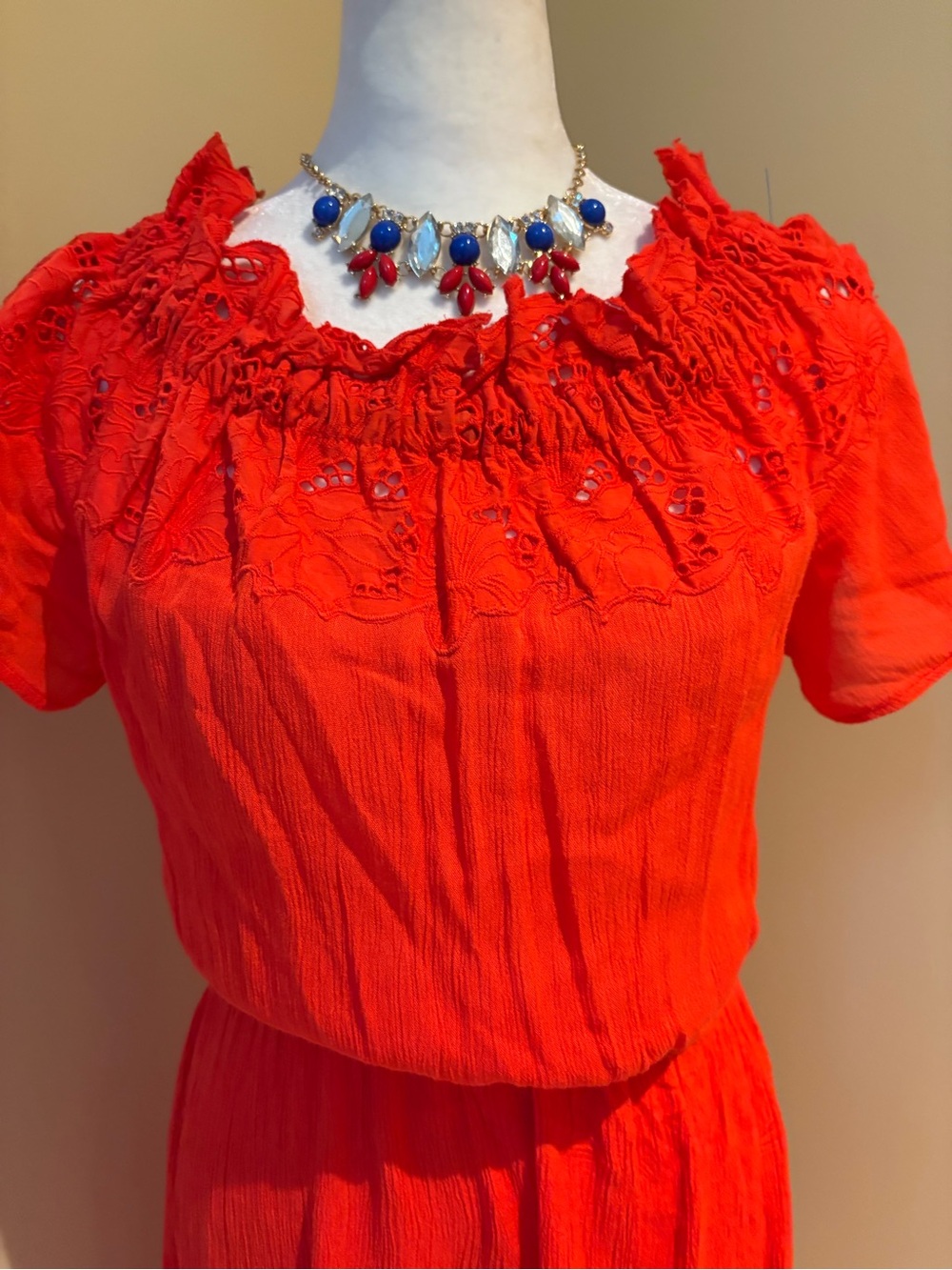 Red Eyelet Cotton Summer Dress ❤️ Lace Trim Collar Off the Shoulder or Up Size 4
